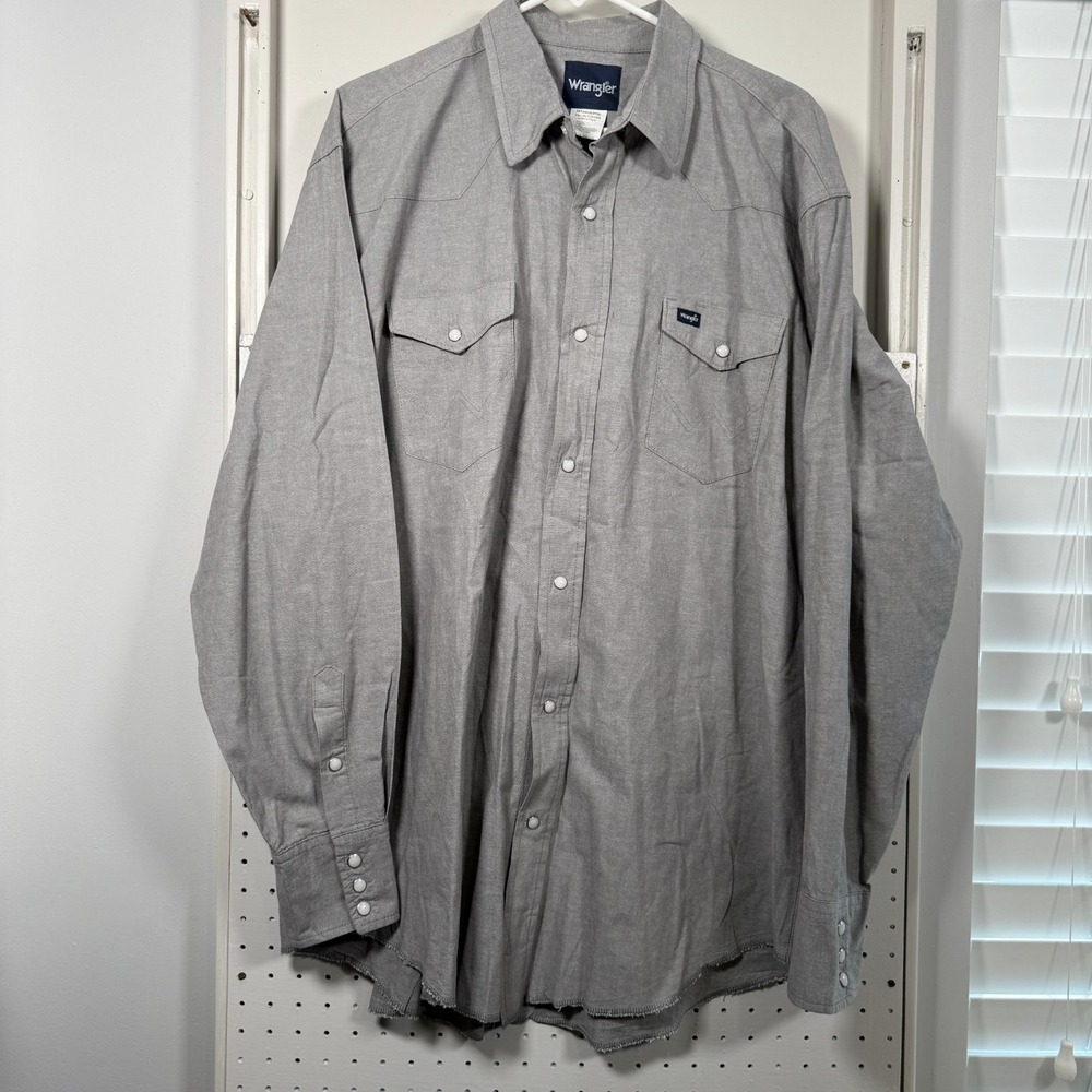Wrangler Western Shirt Men's Gray Twill Pearl Snap Cowboy Rodeo Workwear - 2XL